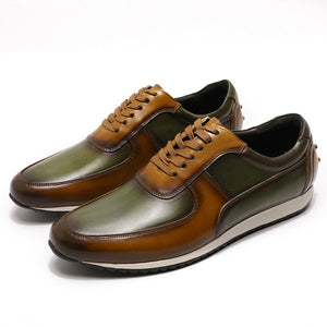 Hand Painted Oxford Brown Green Lace-Up Street Style Sneakers
