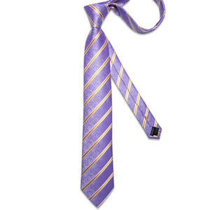 Luxury Gold Striped Purple Silk Tie Set
