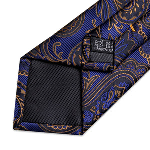 Gold Paisley Blue Silk Ties for Men With Plastic Buckle