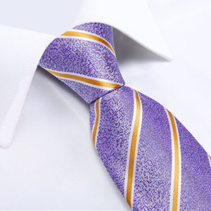 Luxury Gold Striped Purple Silk Tie Set