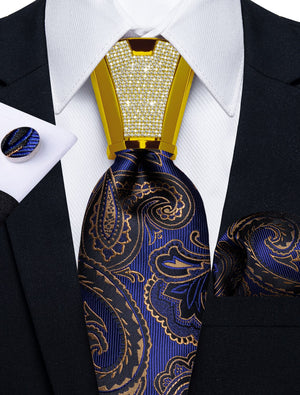 Gold Paisley Blue Silk Ties for Men With Plastic Buckle