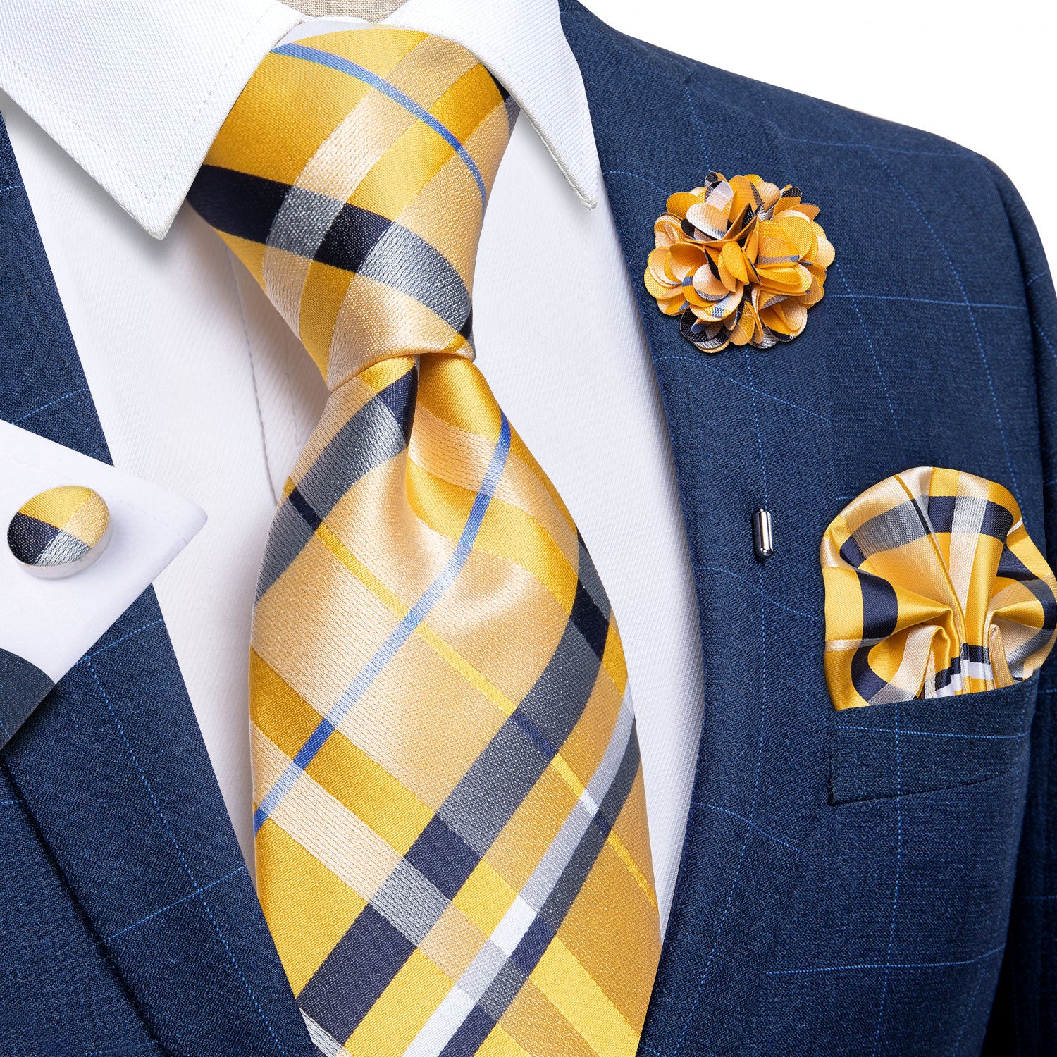 Classic Yellow Striped Plaid Silk Tie Set