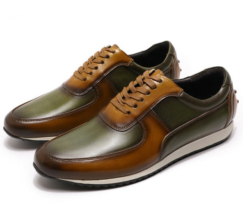 Hand Painted Oxford Brown Green Lace-Up Street Style Sneakers