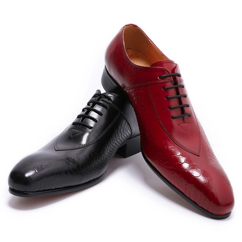 Leather Snake Skin Print Black or Red Lace Up Pointed Toe Shoes