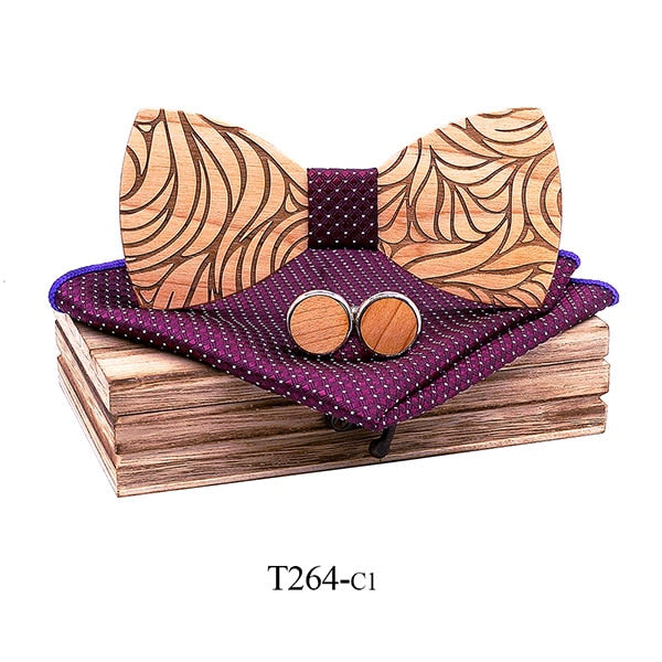 Jungle Style Wooden Bow Tie Set with Handkerchief and Cufflinks (6 Styles)