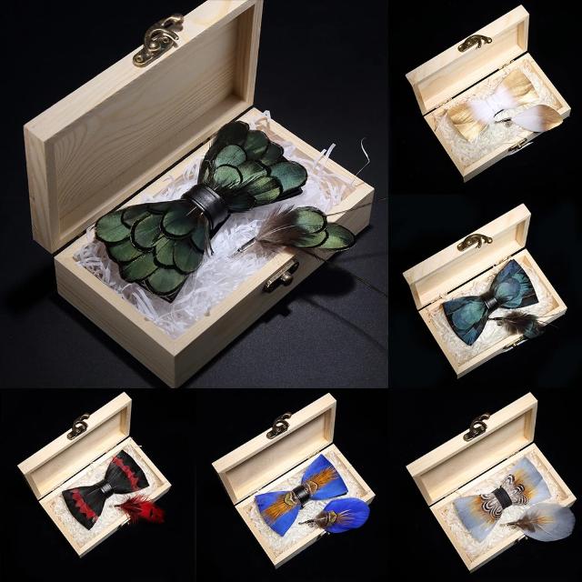 Feather Bow Ties & Brooches in Wooden Box Collection