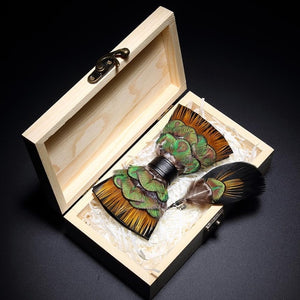 Feather Bow Ties & Brooches in Wooden Box Collection